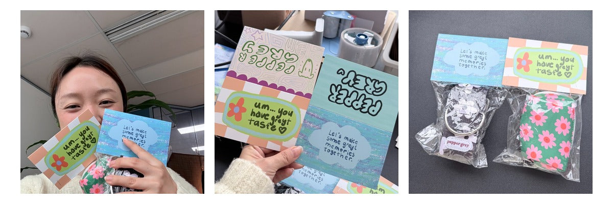 Close-up of the colourful Pepper Grey packaging cards and hand-drawn messages