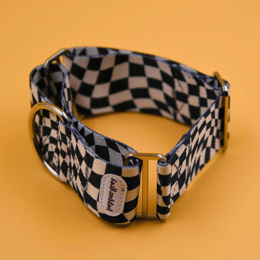 The Dom Collar, black & white wavy checker greyhound martingale collar