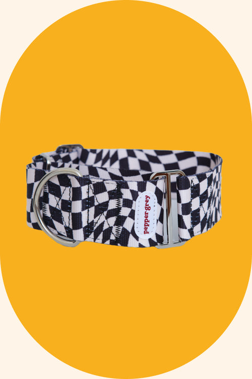 The Dom Collar, black & white wavy checker greyhound martingale collar