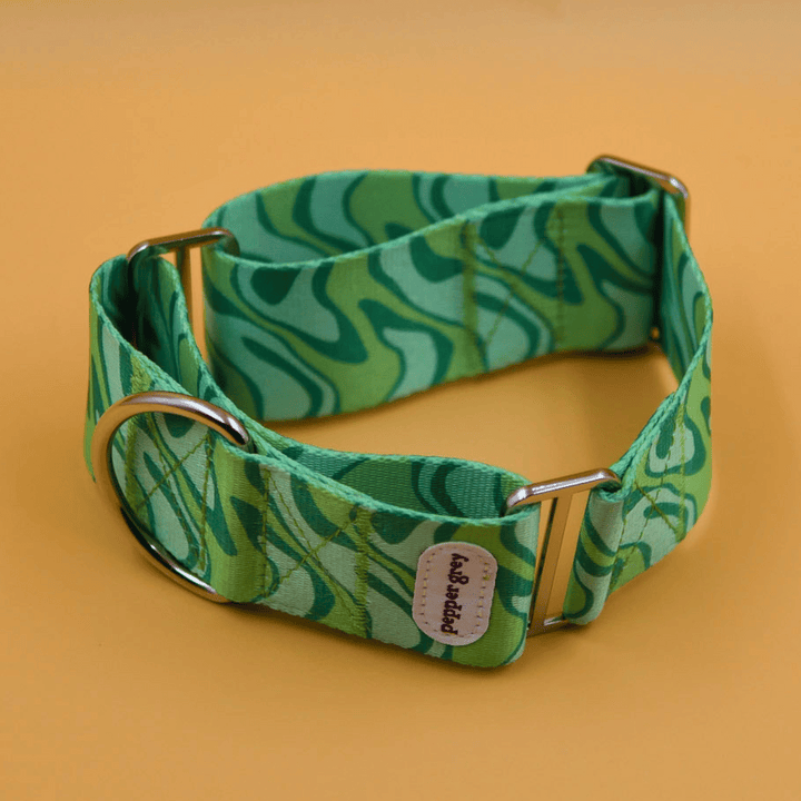 The Suki Collar, green wavy retro greyhound martingale collar
