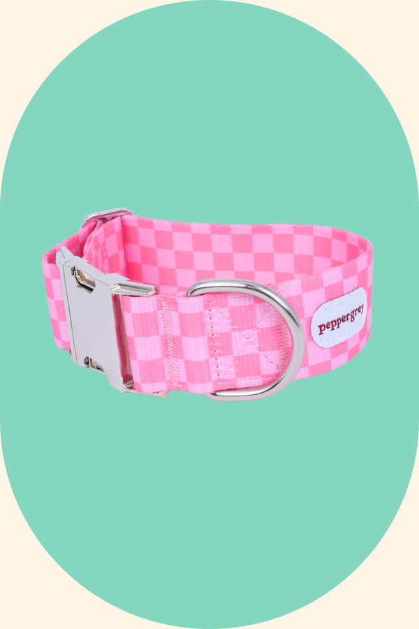 Katie Pink Check Wide Dog Collar with Buckle